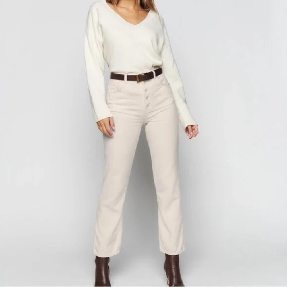 Reformation Cynthia Button Fly High Rise Straight Corduroy Pants Cream Size 28